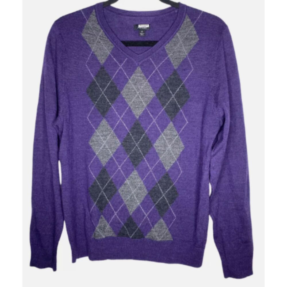 Apt.9 Purple Merino Blend Sweater Argyle Pattern Long Sleeves V-Neck Size XXL